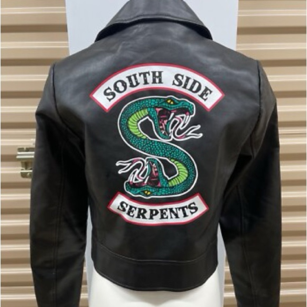 Hot Topic Black Leather Jacket with Green Snake Design